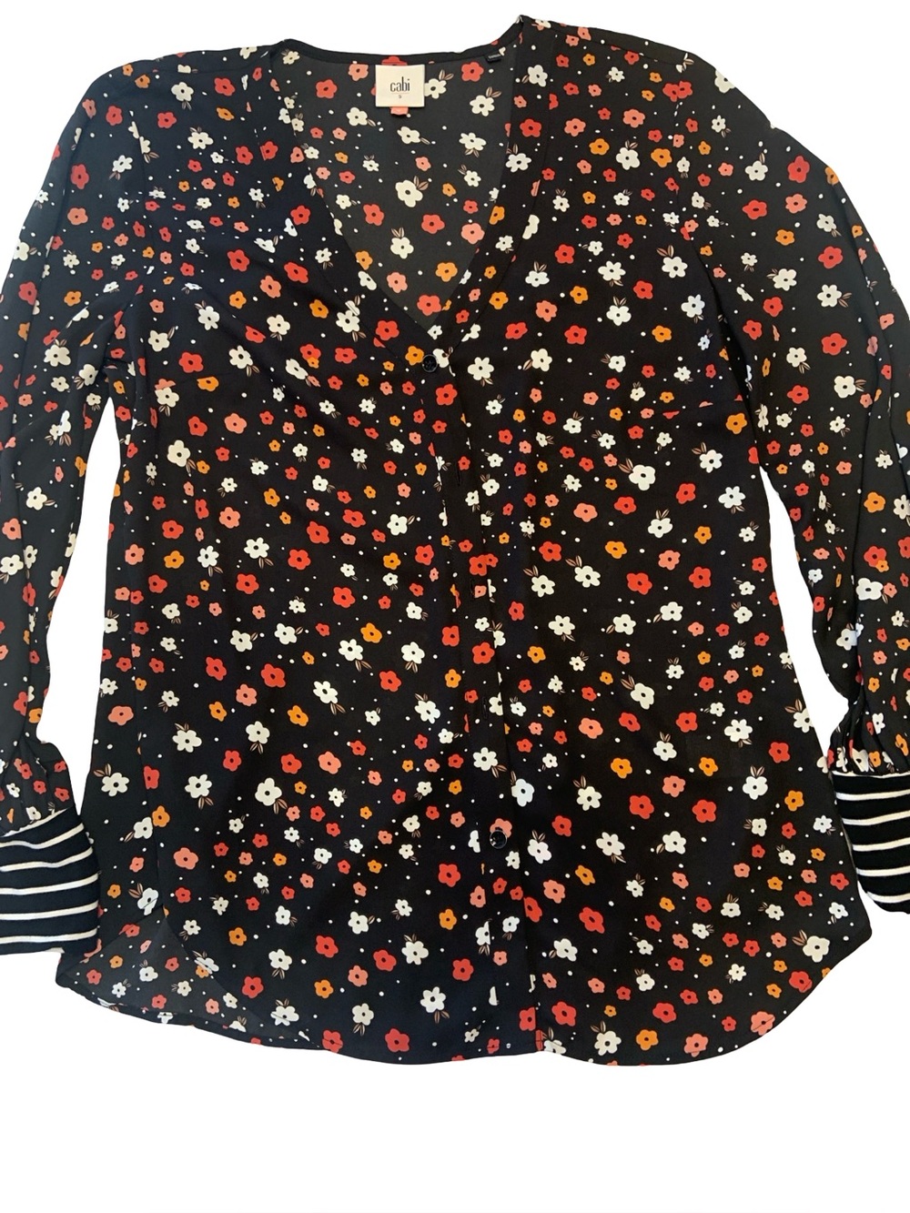 CAbi Black Floral V-Neck Button Blouse with Red, Orange & White‎ Flowers